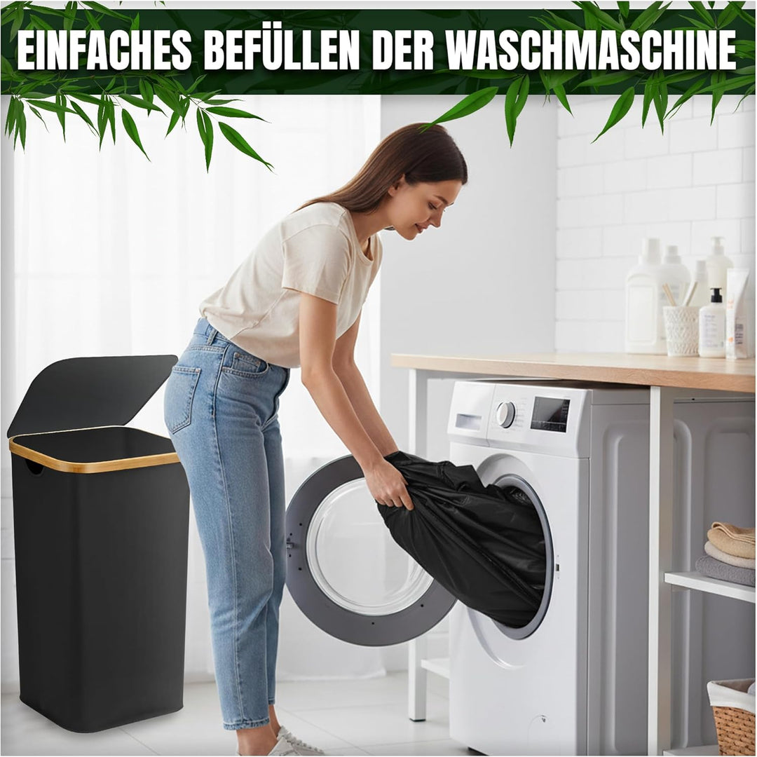 Wäschekorb mit Deckel 100l, Wäschesammler, Wäschebox, Wäschetonne, hoher Wäschekorb mit Bambusrahmen