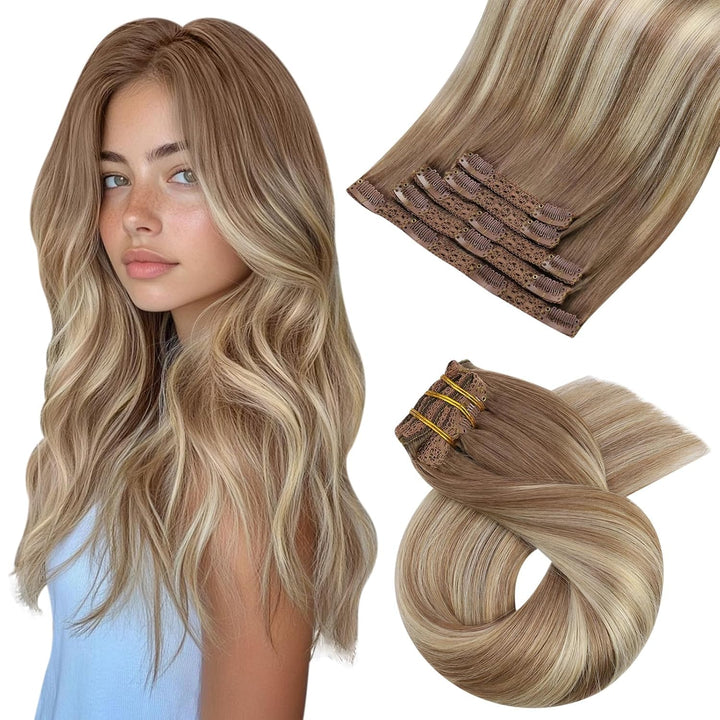 Moresoo Ombre Echthaar Extensions Clip Braun Remy Haarextension Echthaar Clip Hellbraun mit Goldblon