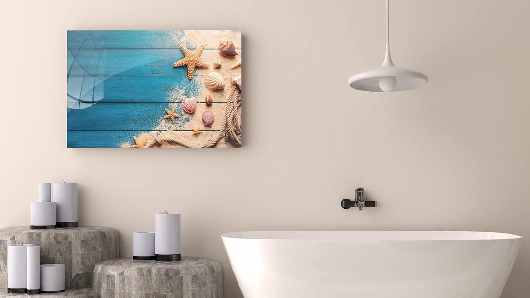 ALLboards Glas Magnettafel MUSCHELN BLAUES HOLZ SAND SEIL 90x60cm Glasbild Memoboard aus Glas Glasta