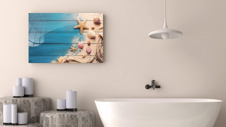 ALLboards Glas Magnettafel MUSCHELN BLAUES HOLZ SAND SEIL 90x60cm Glasbild Memoboard aus Glas Glasta