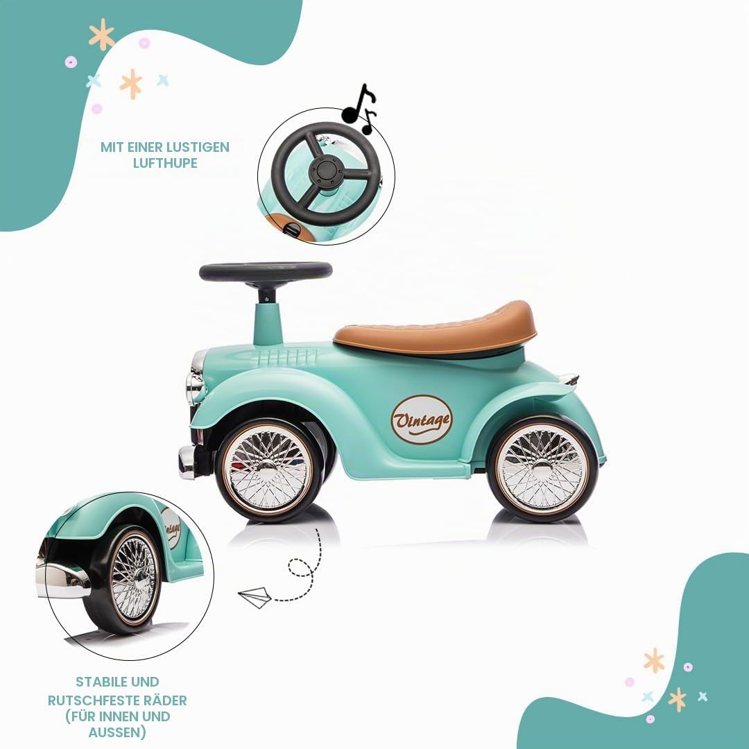 Vintage Rutschfahrzeug für Kinder von 12 bis 36 Monaten, Retro Rutschauto mit Hupe, Staufach, Lenkst