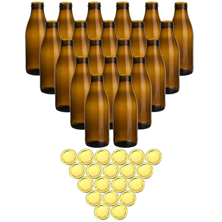 gouveo 20er Set Saftflasche 1000 ml Antik mit Schraubdeckel goldfarben - Braune Glasflasche 1 Liter