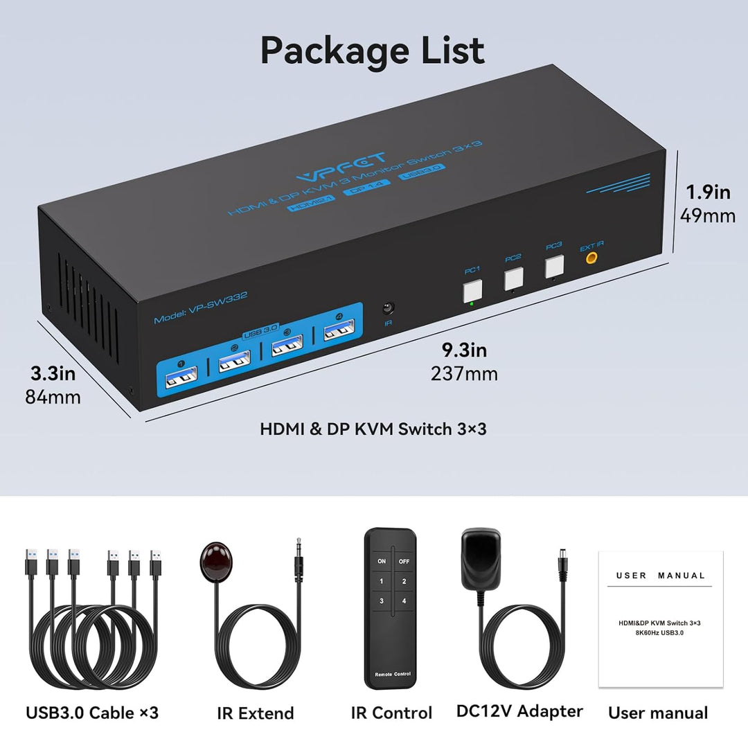 CMSTEDCD 8K60Hz HDMI+Displayport KVM Switch 3 PC 3 Monitore USB3.0 4K144Hz KVM Umschalter für Triple