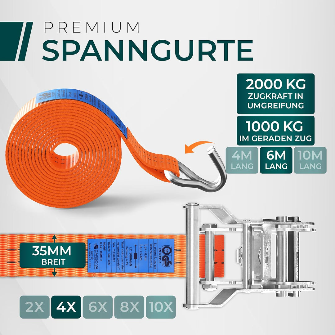 Schwerlast Spanngurte mit Ratsche 2000kg 6M 35MM – TÜV/GS (DIN EN 12195-2) – Zurrgurte mit Haken in