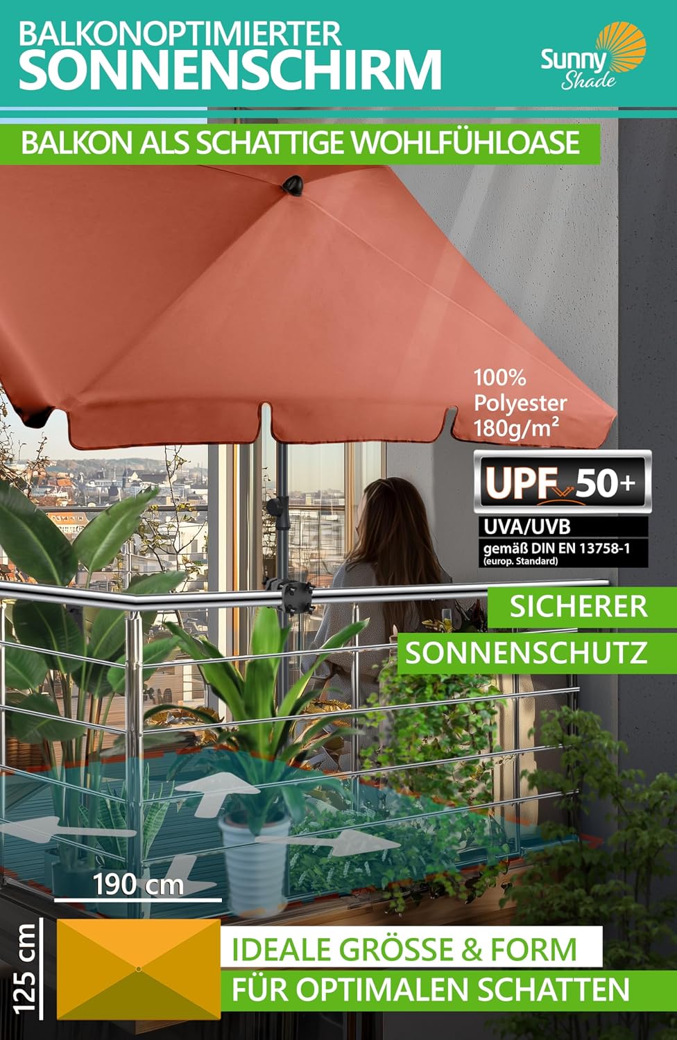 4smile Sonnenschirm Balkon SunnyShade, 200 x 125 cm, Orange - UPF 50+ Sonnenschirm rechteckig als So