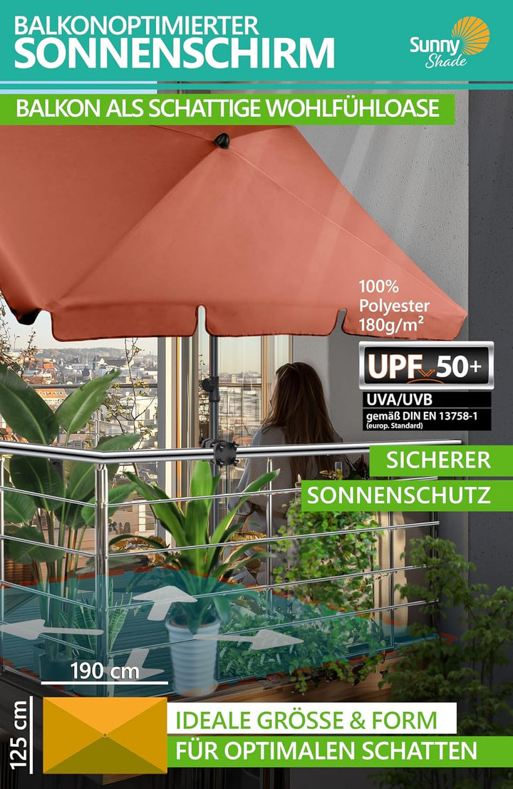 4smile Sonnenschirm Balkon SunnyShade, 200 x 125 cm, Orange - UPF 50+ Sonnenschirm rechteckig als So