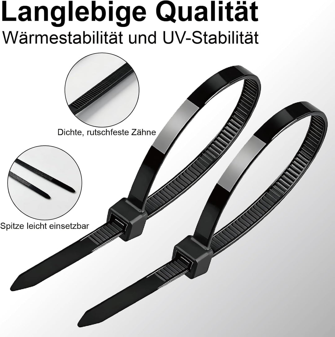 1000 Stück Kabelbinder Schwarz 300 mm x 4,8 mm | UV-beständig &amp; wetterfest | Zugfestigkeit 30 kg | s