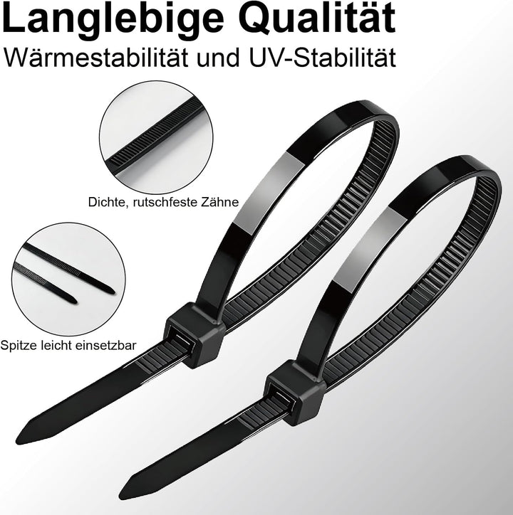 1000 Stück Kabelbinder Schwarz 300 mm x 4,8 mm | UV-beständig &amp; wetterfest | Zugfestigkeit 30 kg | s