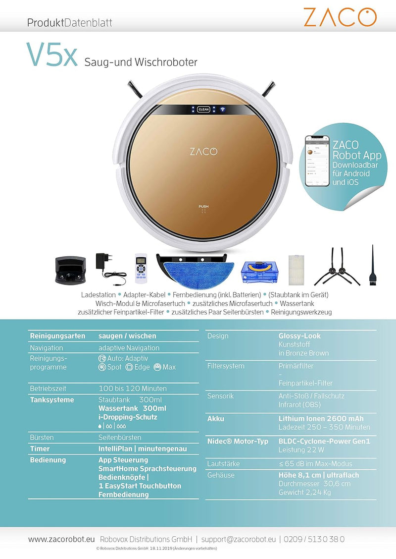 ZACO V5x Saugroboter mit Wischfunktion, App & Alexa Steuerung, 8,1cm flach, automatischer Roboter, 2