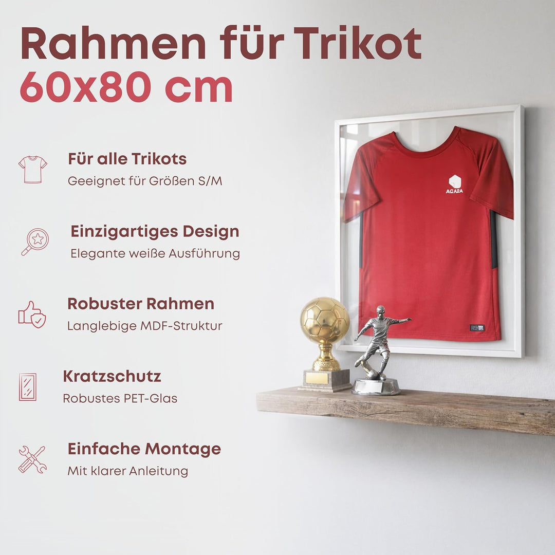 ACAZA Trikotrahmen 60 x 80cm, 3D Bilderrahmen tief zum befüllen mit Fussball-, Eishockey-, Rugby-, N