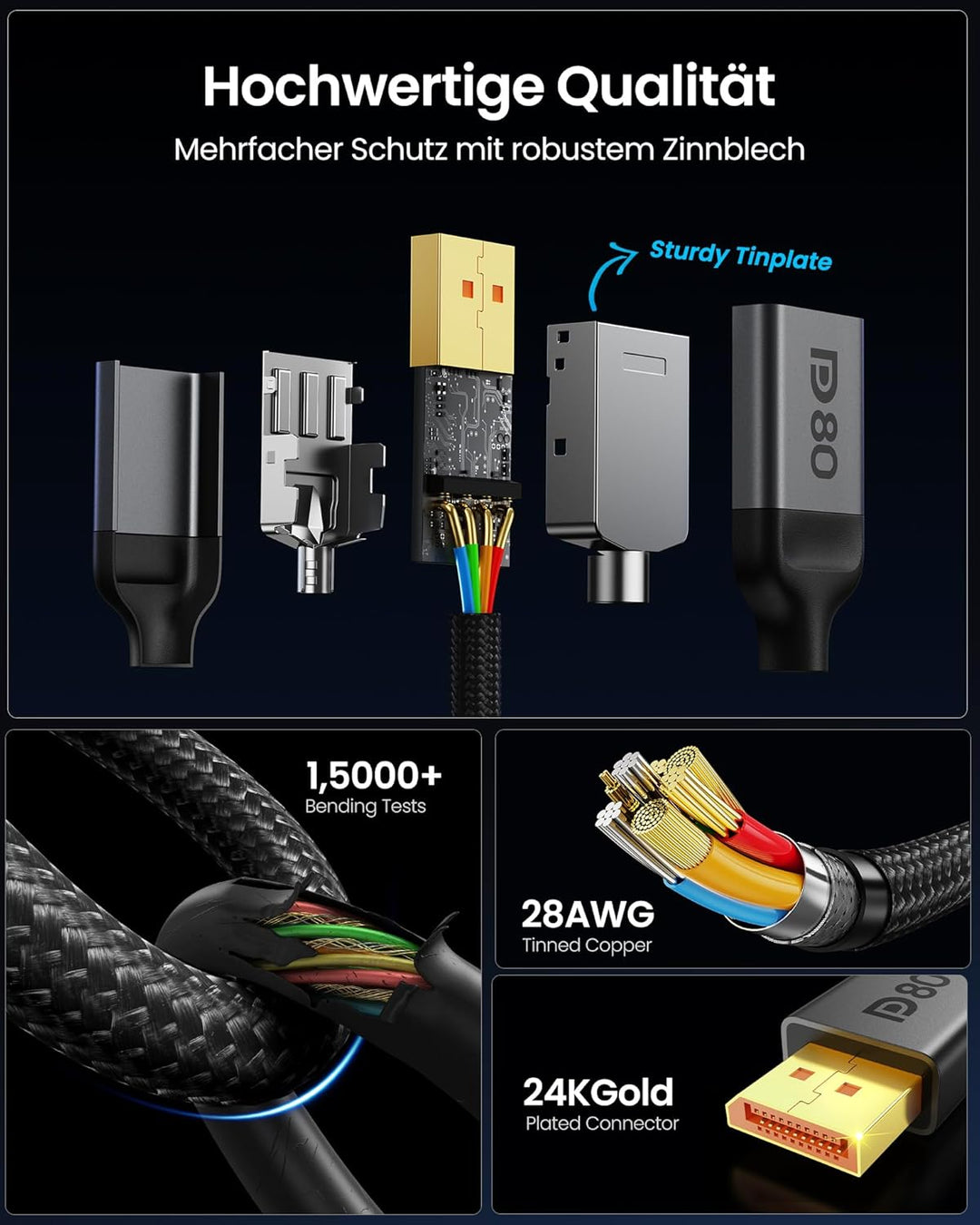 Silkland 80Gbps DisplayPort Kabel 2.1 2M [VESA-Zertifiziert] DP80, [8K@240Hz 4K@540Hz 360Hz 240Hz 18