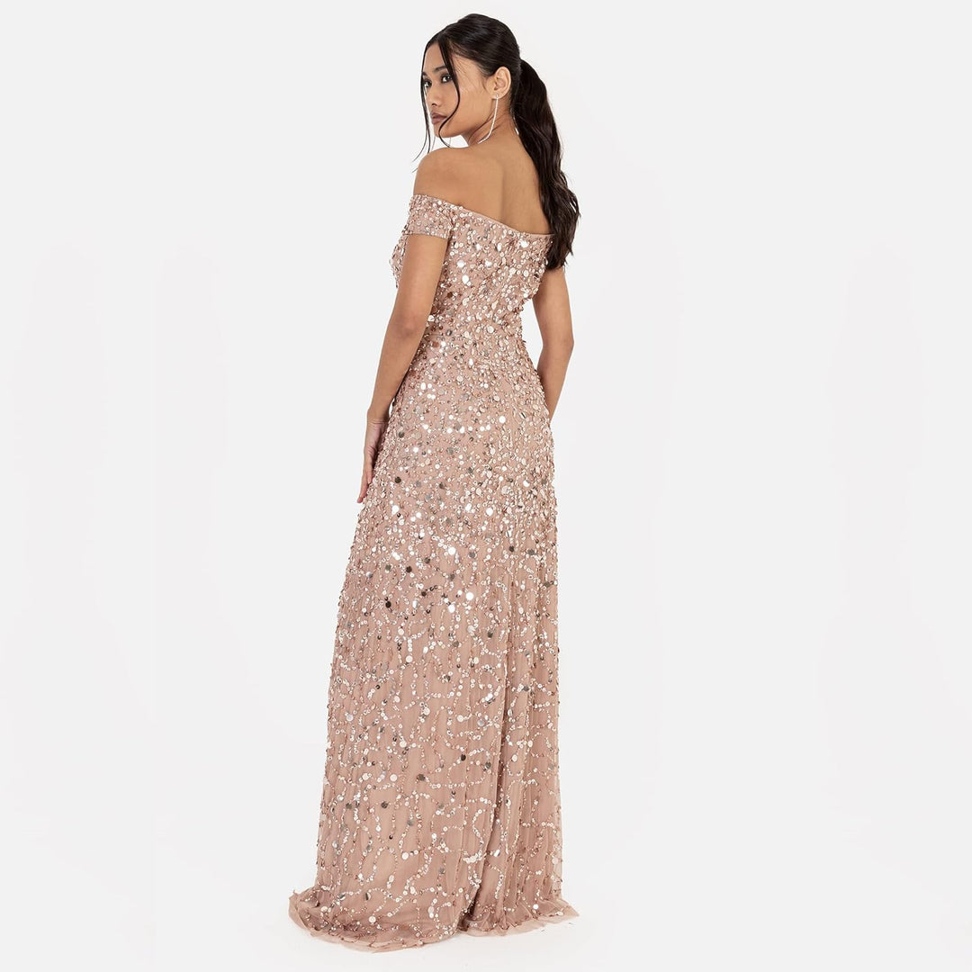 Maya Deluxe Damen Ladies Maxi with Slit Split Bardot Sleevless Sequin Embellishment Evening Gown for