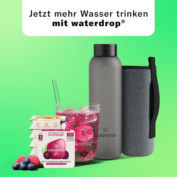 waterdrop® Starter Set Glass – 1x 1L Glass Bottle + 18 Getränkewürfel in 6 fruchtigen Sorten – Probi