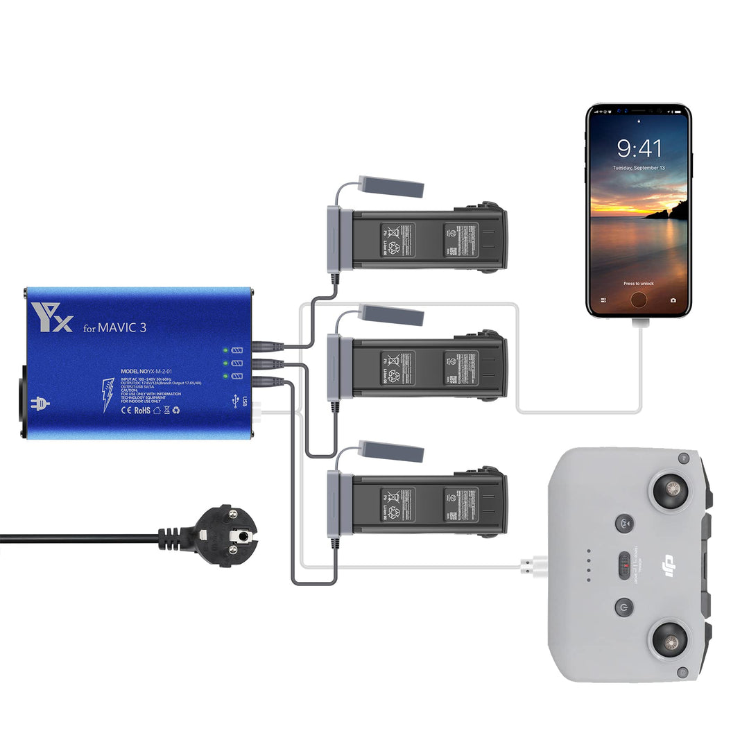 Yangers Multi-Akkuladegerät Ladestation für DJI Mavic 3 Drone (Nicht für Mavic 2/Pro), Smart Paralle