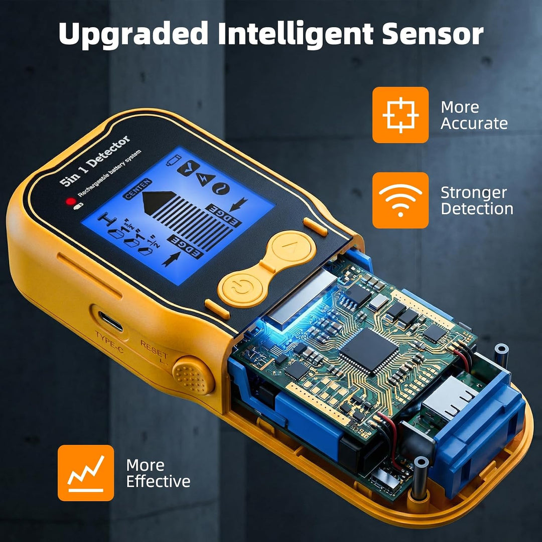 Wandscanner 5 in 1 Wiederaufladbar Stud Finder Holz Metall AC Stromkabel | Type-C Schnellladung LCD