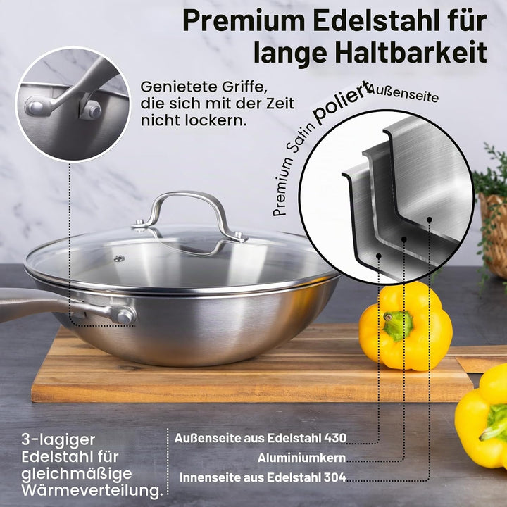 Nuovva Edelstahl Wokpfanne Antihaft – Induktionsgeeignete tiefe Pfanne zum Braten &amp; Wok-Kochen – 28
