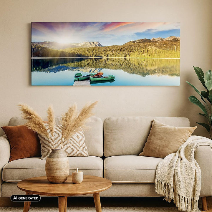 Wandbilder Dekoration Wohnzimmer See Berge Wasser Panorama Bilder auf Leinwand 120x50cm Leinwandbild