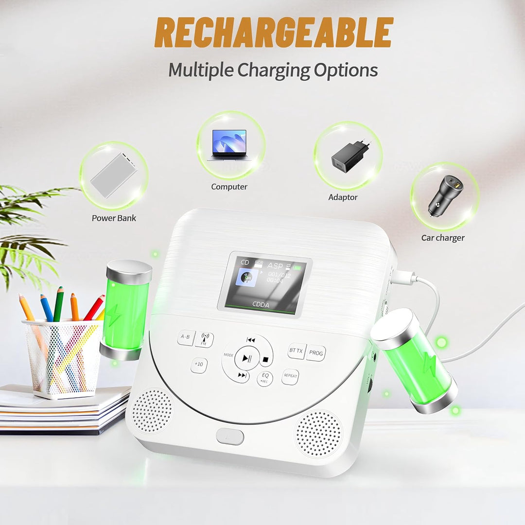 CD Player Tragbar, FELEMAN CD Player Bluetooth mit Lautsprecher/Wiederaufladbar Batterie/Display/Kop