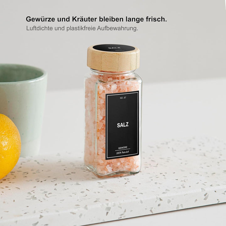 Greeano Gewürzgläser Set mit Holzdeckel [24x 120ml] und 300 Gewürzetiketten [DE] - Gewürzgläser ecki