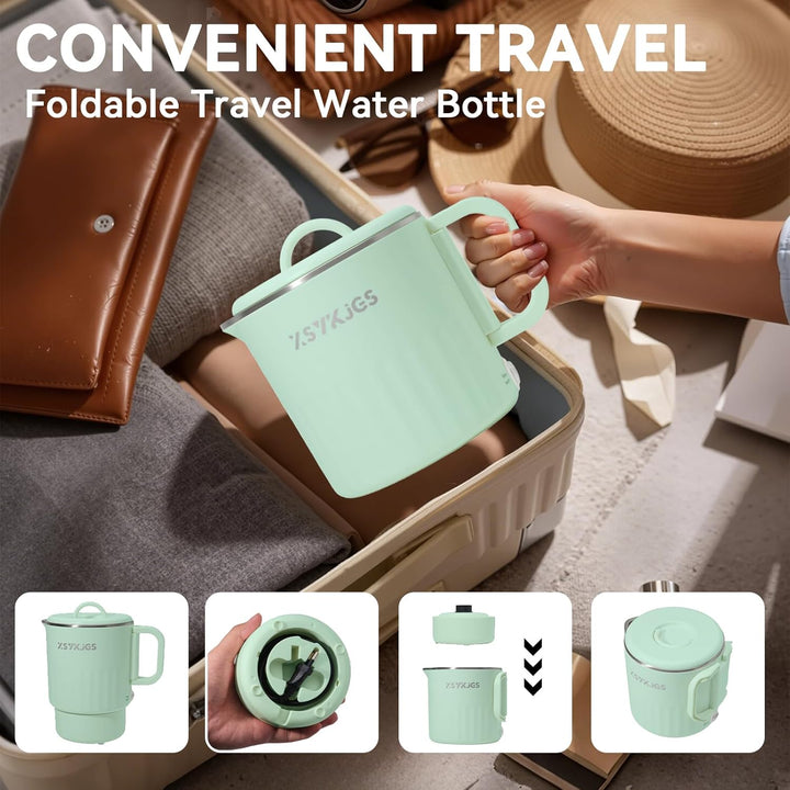 Faltbarer Wasserkocher 1L Grün Reise Camping Wasserkessel - 600W 304 Edelstahl Elektrischer Wasserko