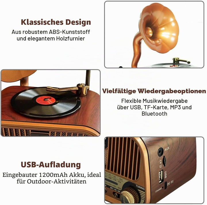 Retro Radio Klein AM/FM/SW, Nostalgie Radio mit Bluetooth, Unterstützt USB/TF/AUX Funktion, Tragbar