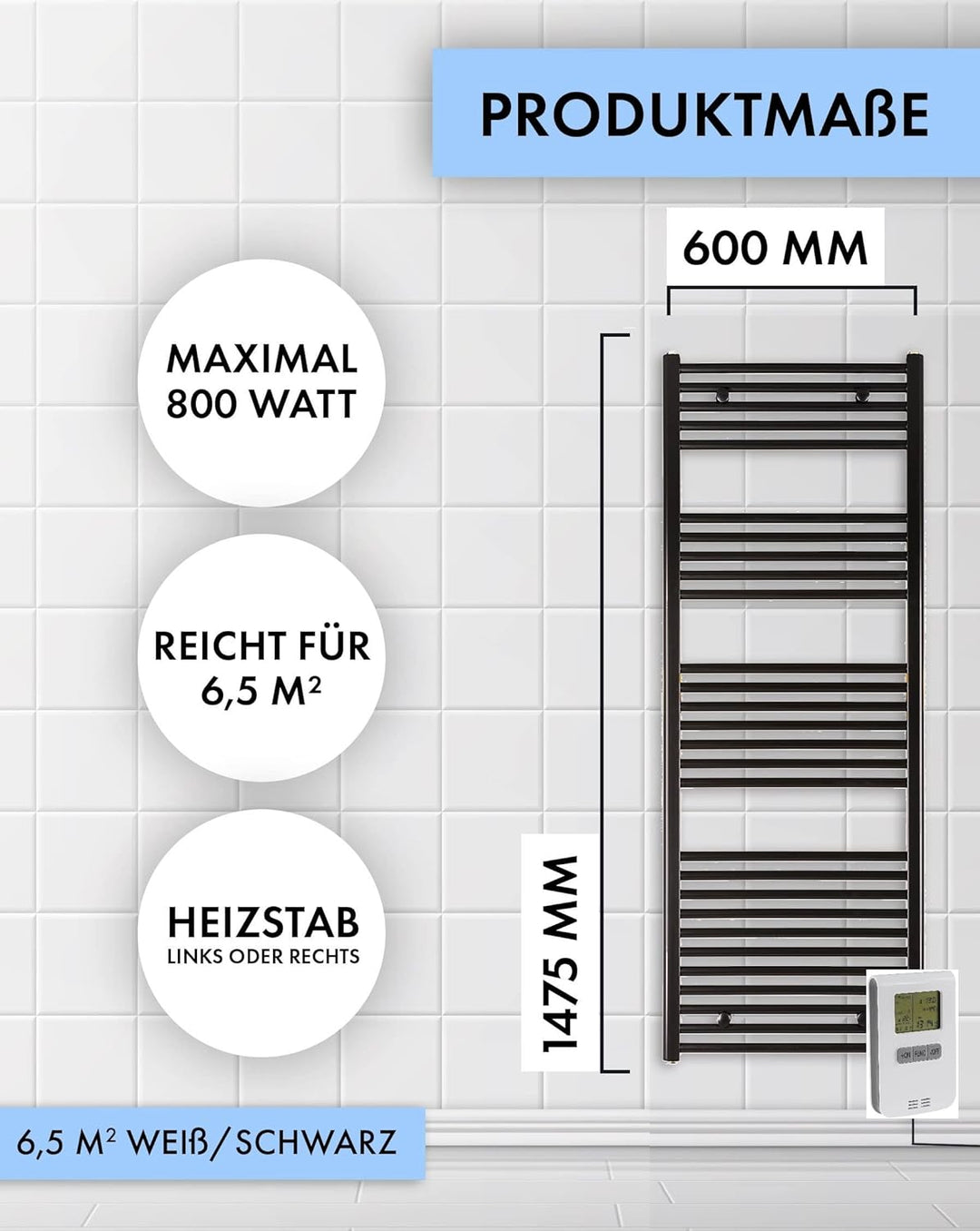Badheizkörper elektrisch"GREEN" 1475h x 600b, mit 4 Timer, elektrischer Handtuchheizkörper weiss ger