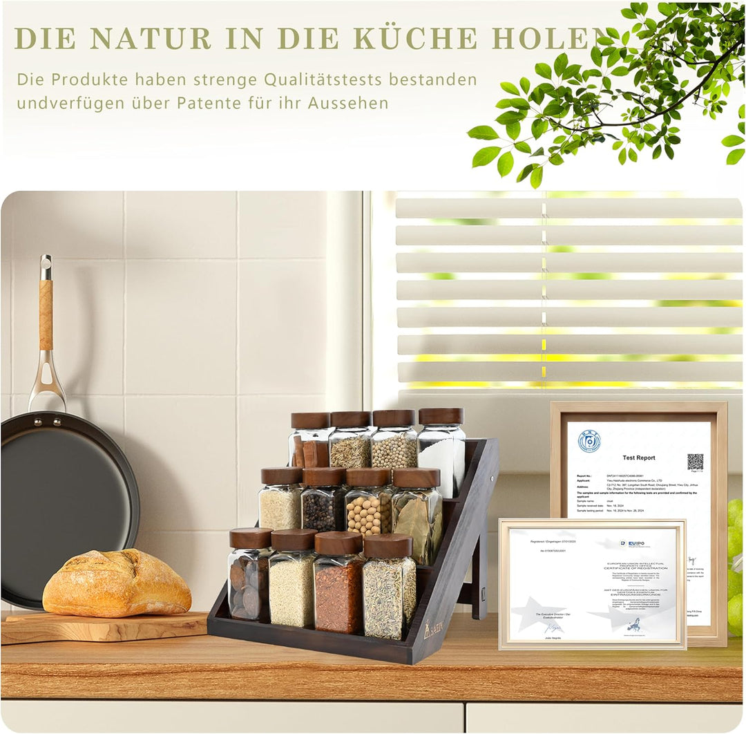 Gewürzregal Schublade mit 2-in-1 Akazien Gewürzregal Holz (FCM®) – 12x120ml Gewürzgläser Eckig, 120