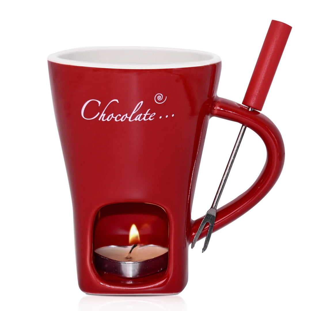 Keramik Schokofondue Tasse Set mit Mit Gabel - 200ml, Rot, Rot