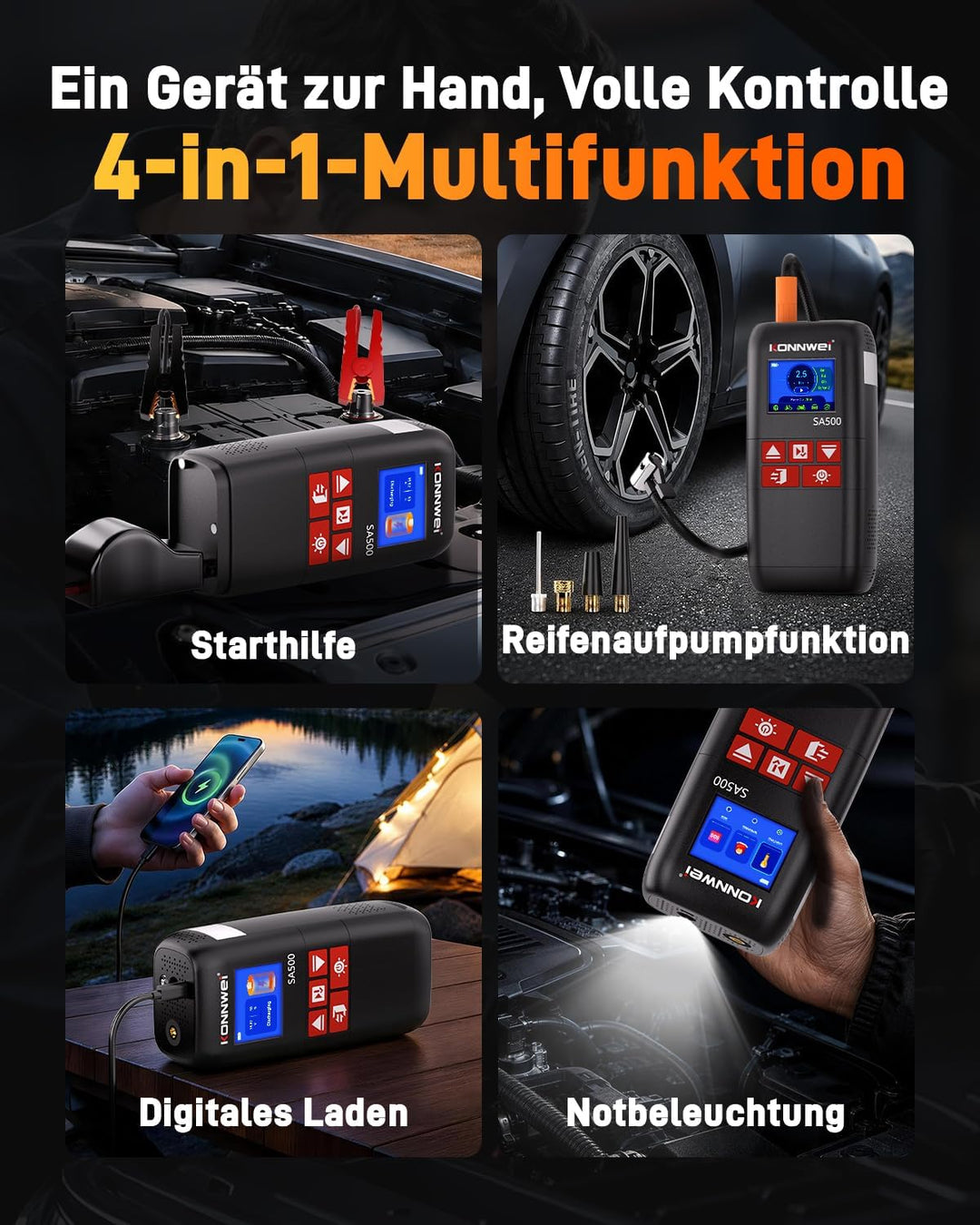 KONNWEI 4-in-1 Starthilfe Powerbank für PKW mit Kompressor | Batteriestarter mit LED-Licht und Power