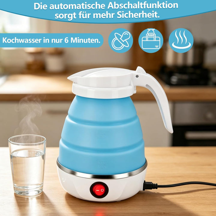 Faltbarer Wasserkocher 600ml Reisewasserkocher, Reise Silikon Tragbarer Wasserkessel mit 1 Klappbürs