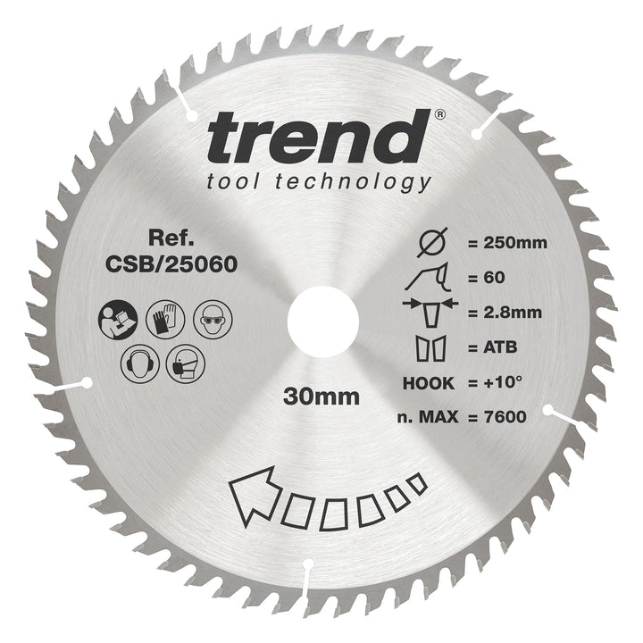Trend CraftPro Fine Trim TCT Finishing Sägeblatt für Tischkreissäge, 250mm Durchmesser x 80 Zähne x