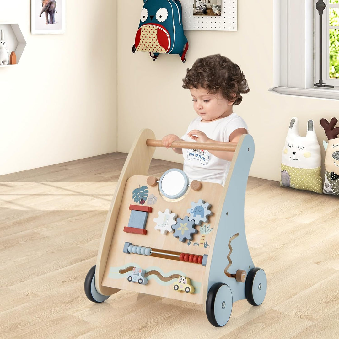 DREAMADE Lauflernwagen Holz, Baby Lauflernhilfe mit Spiegel & Spielzeug, Gehfrei Baby Holzspielzeug