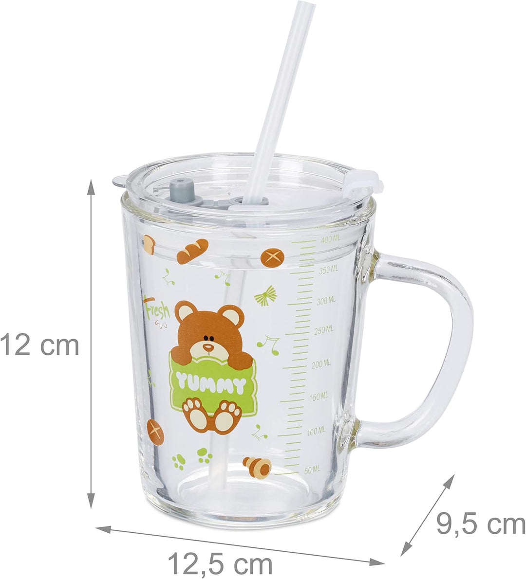 Relaxdays Kindergläser 2er Set, Bären-Motiv, Trinkglas Kinder, mit Henkel, Deckel & Strohhalm, 400 m