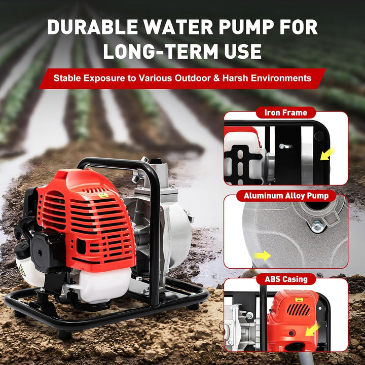 1-Zoll-Gas-Wasserpumpe, 1400W 2-Takt-Benzinmotor Wasserumfüllpumpe Tragbare Hochdruck-Wasserpumpe 40