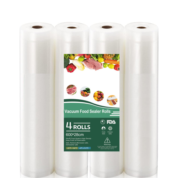 Vakuumrollen 4 Rollen 28x600cm, Wiederverwendbar BPA-frei Vakumierfolienrollen für Vakuumierer & Leb