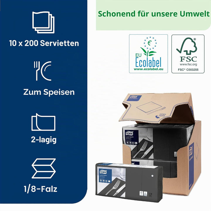 Tork 477851 schwarze Lunchservietten 1/8 gefaltet / 2-lagige, vorgefaltete Papierservietten für Snac