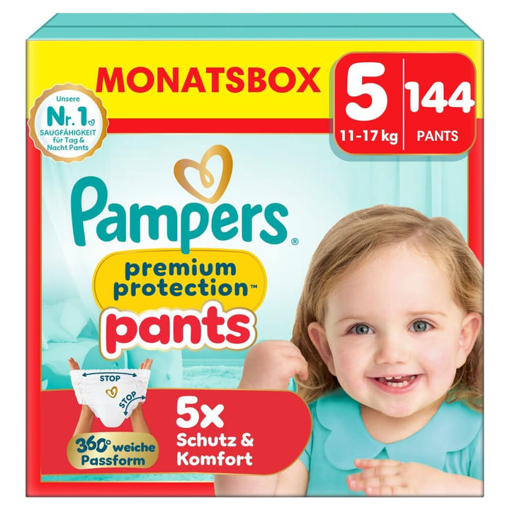 Pampers Baby Windeln Pants Grösse 5 (12-17kg) Premium Protection, Junior mit Stop- und Schutz Täschc