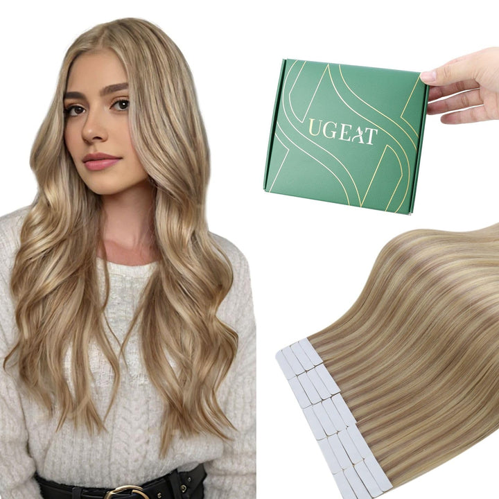 Ugeat Tape Extensions Echthaar Goldblond Highlights 35 cm Natürlich Remy Tape in Extensions Echthaar