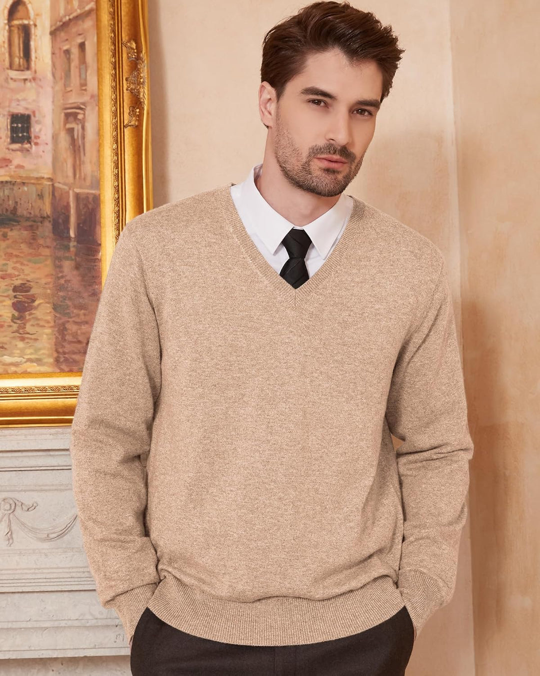 Kallspin Herren Strickpullover aus Wollmischung V-Ausschnitt Langarm Comfort Fit Pullover S Kaffee,