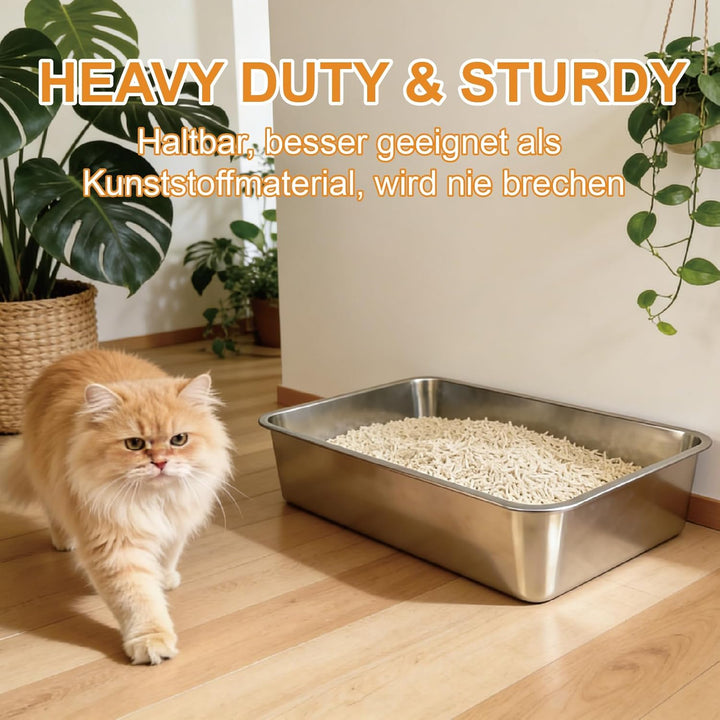 Edelstahl Katzenklo Offen, 60x40x15cm – Katzentoilette Edelstahl mit Antihaftbeschichtung, Geruchsfr