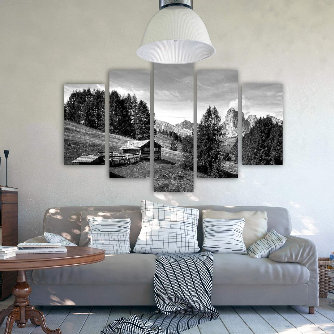 Feeby Bilder Berge 200x100 cm - Leinwandbild 5 Teilig XXL Kunstdruck Hütte Bäume grau Leinwandbild X