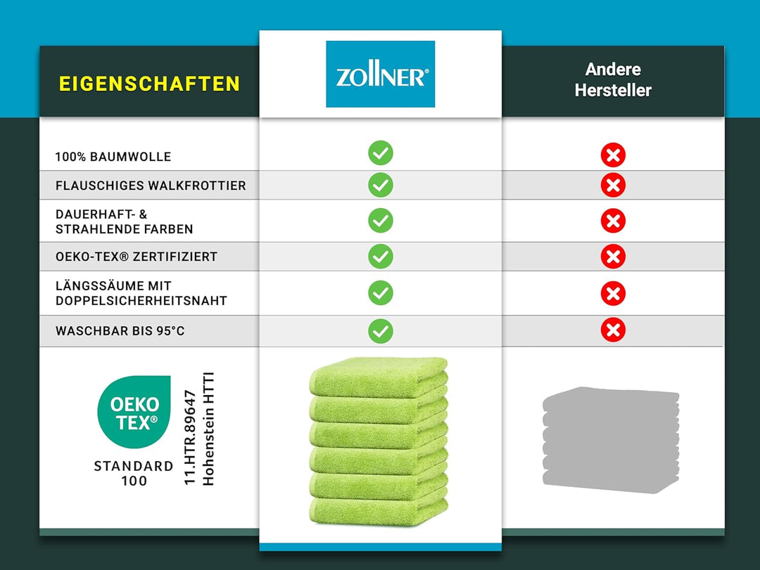 ZOLLNER 6er Set Handtücher, 50x100 cm, Baumwolle, Kochfest, apfelgrün 50 x 100 cm Grün, 50 x 100 cm