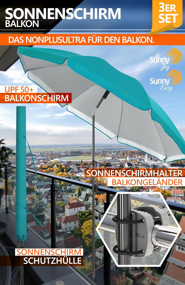 4smile Sonnenschirm Balkon SunnyJoy im 3er-Set - UPF 50+ Balkon Schirm 180 cm + Sonnenschirmhalter B