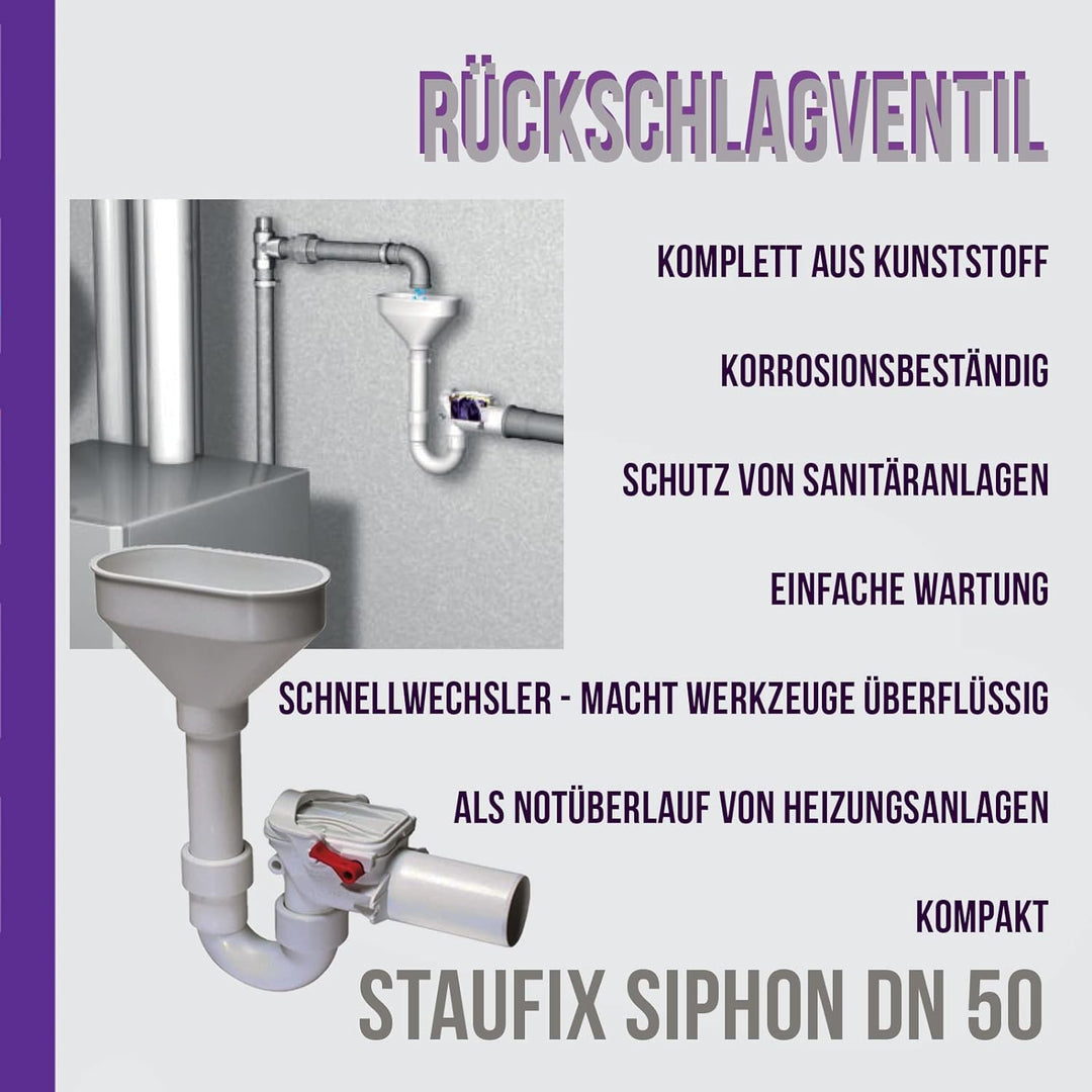 Kessel 73053 Staufix U-Biegungsstück mit Rückschlagventil für Heizungsanlage Überlauf Ø 50 mm