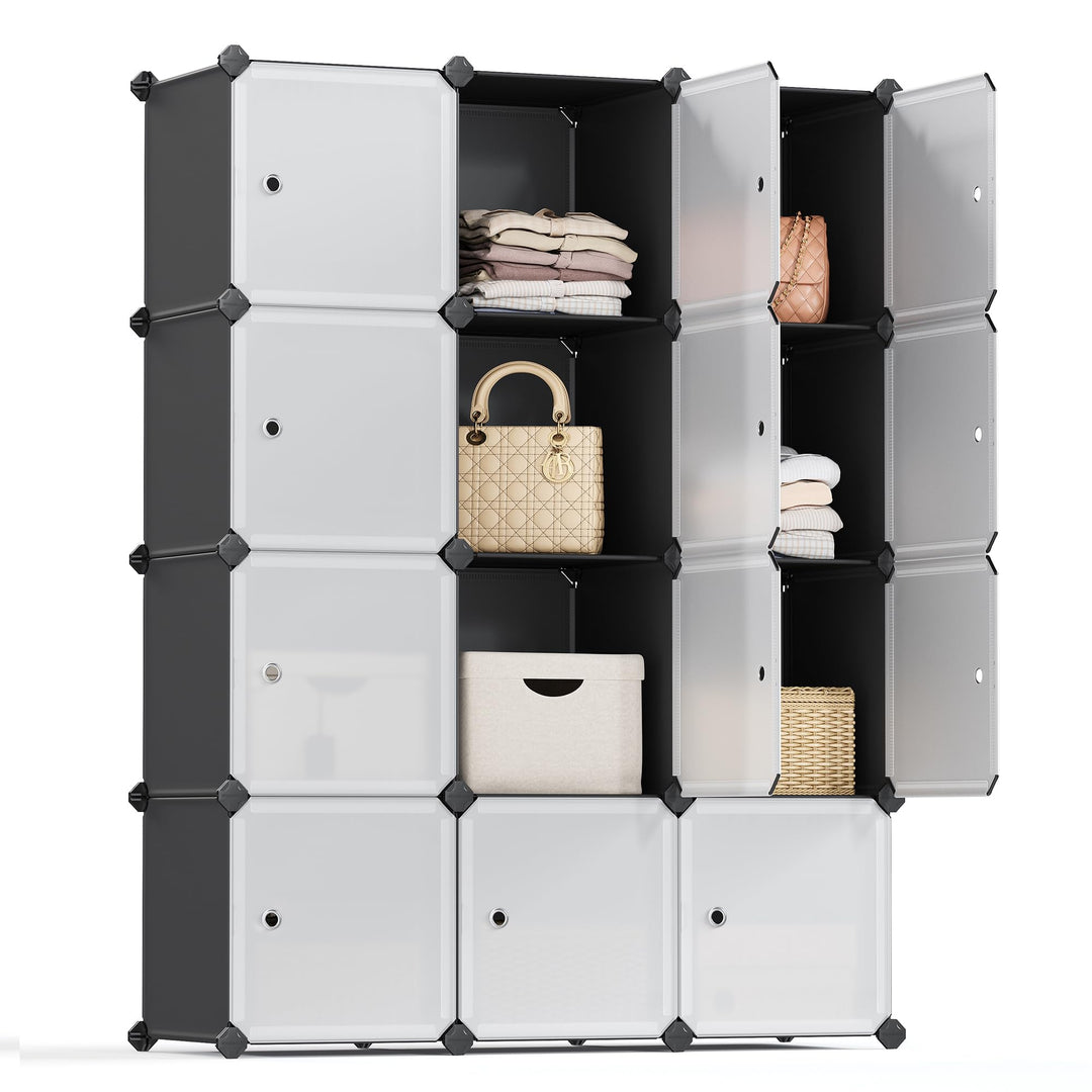 SONGMICS Regalsystem, Schuhregal, Set aus 12 Würfeln, Kleiderschrank aus Kunststoff, mit Türen, Stec
