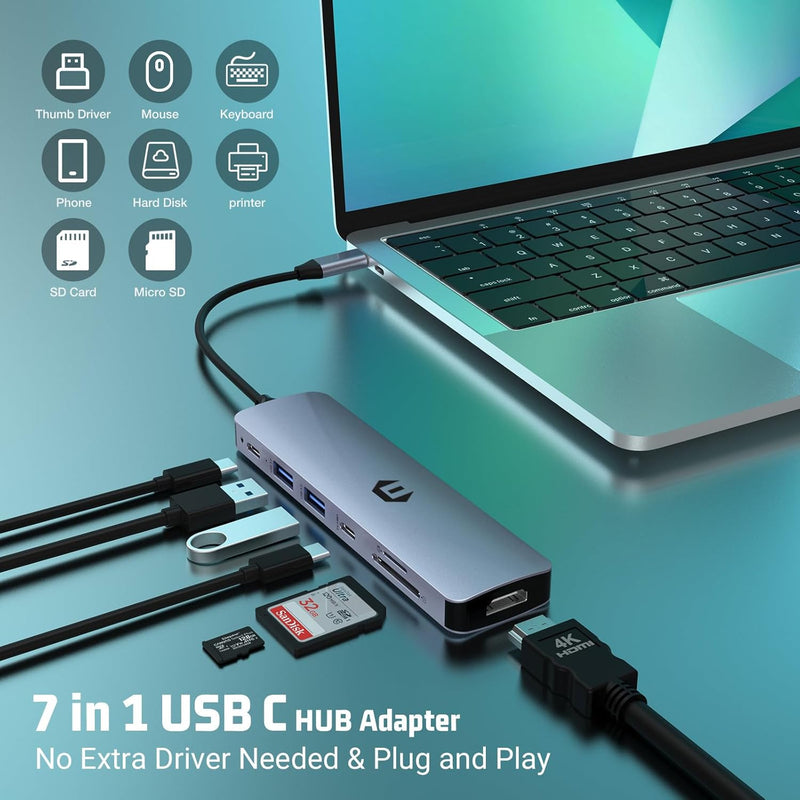 OBERSTER Hub USB C Adattatore, 7 in 1 Multiporta USB C Hub Con HDMI 4K, 3 USB 3.0, USB-C 3.0, 100W P