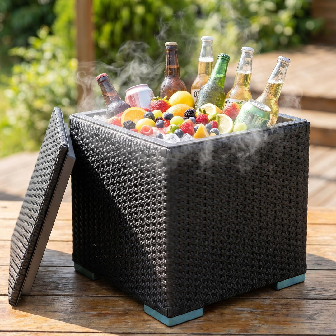 Verdego Kühlbox 40 L, Camping Kühlbox Gross 43x43x43cm, PE Rattanoptik, Doppelwandige mit Stahleinsa