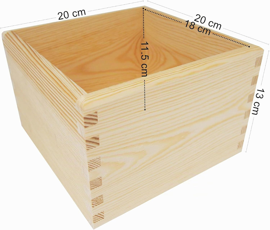 Wooden World - Quadratische Holzbox aus Kiefernholz, natur, 20x20x13 cm - eine solide Kiste zur Aufb