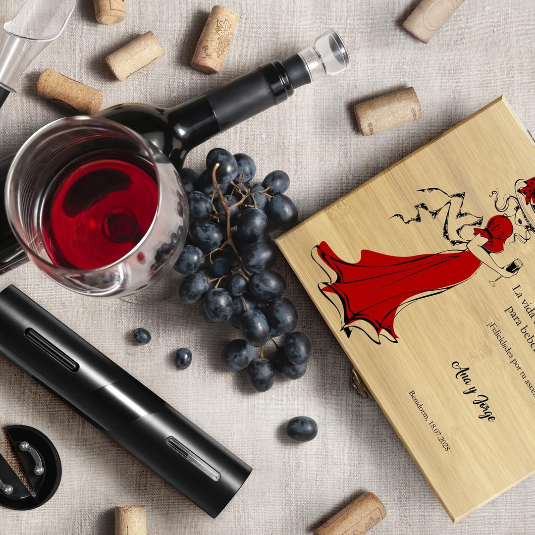 Maverton 6er Wein Zubehör Set mit Aufdruck - elektrischer Korkenzieher - automatischer Flaschenöffne