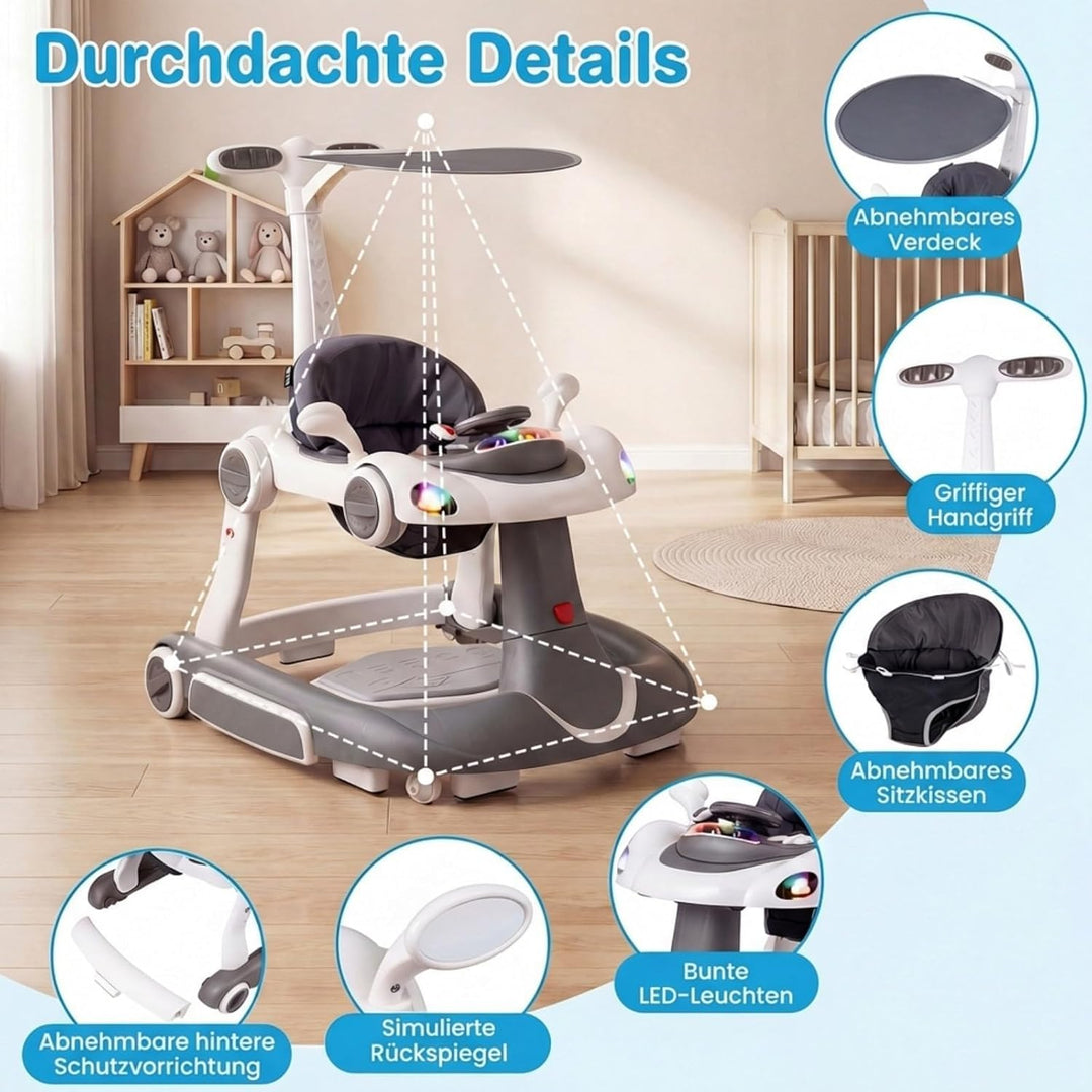 FANTASK 7 in 1 Lauflernhilfe mit abnehmbarem Verdeck, Lauflernwagen höhenverstellbar mit Spielboard,